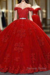 Red Long Princess Off the Shoulder Tulle Lace Wedding Dresses
